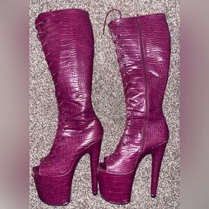 Hella Heels Knee High Lace Up Purple Burgundy Crocodile 8in Platform Boots Dance